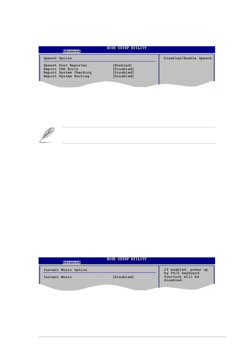 6 speech configuration, 7 instant music configuration, Speech post reporter [enabled | Report ide error [disabled, Report system checking [disabled, Report system booting [disabled, Instant music [disabled | Asus A8V Deluxe User Manual | Page 95 / 144