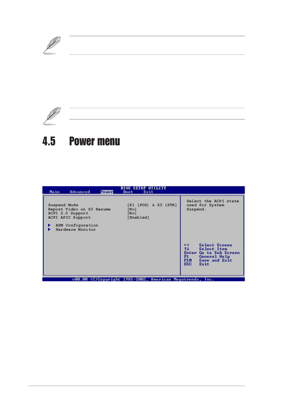 5 power menu, 1 suspend mode [s1 (pos) & s3 (str), 2 repost video on s3 resume [no | Instant music cd-rom drive [ide secondary master | Asus A8V Deluxe User Manual | Page 96 / 144