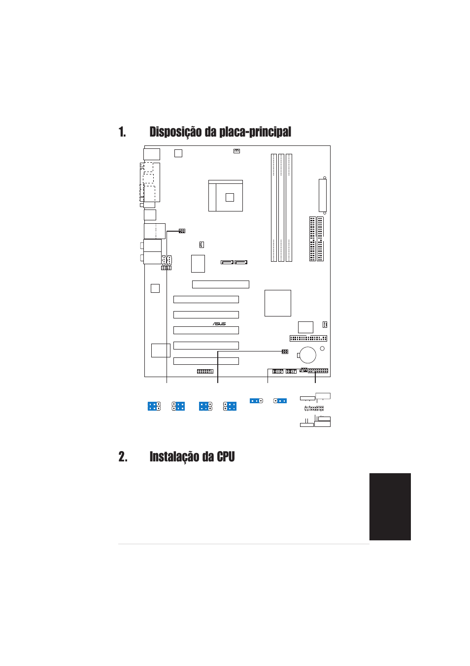 Instalação da cpu, Disposição da placa-principal, Portugu ê s | Asus k8n, Pci1, Pci2 pci3 pci4 pci5 | Asus K8N User Manual | Page 17 / 38