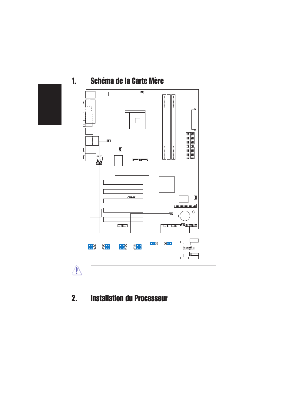 Installation du processeur, Schéma de la carte mère, Français | Carte mère asus k8n, Pci1, Pci2 pci3 pci4 pci5 | Asus K8N User Manual | Page 2 / 38