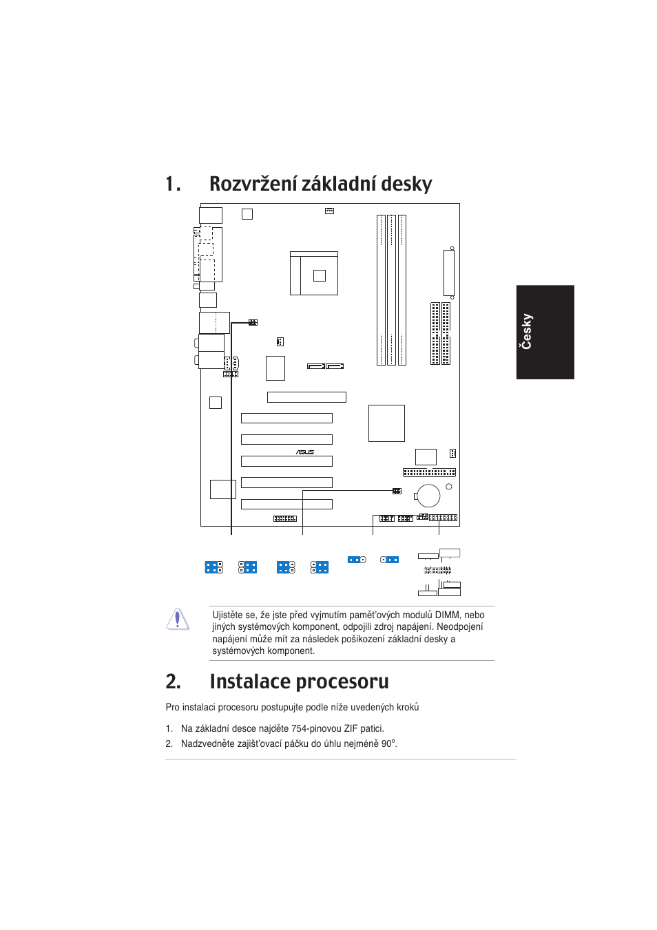 Instalace procesoru, Rozvržení základní desky, Česky | Asus k8n, Pci1, Pci2 pci3 pci4 pci5 | Asus K8N User Manual | Page 23 / 38