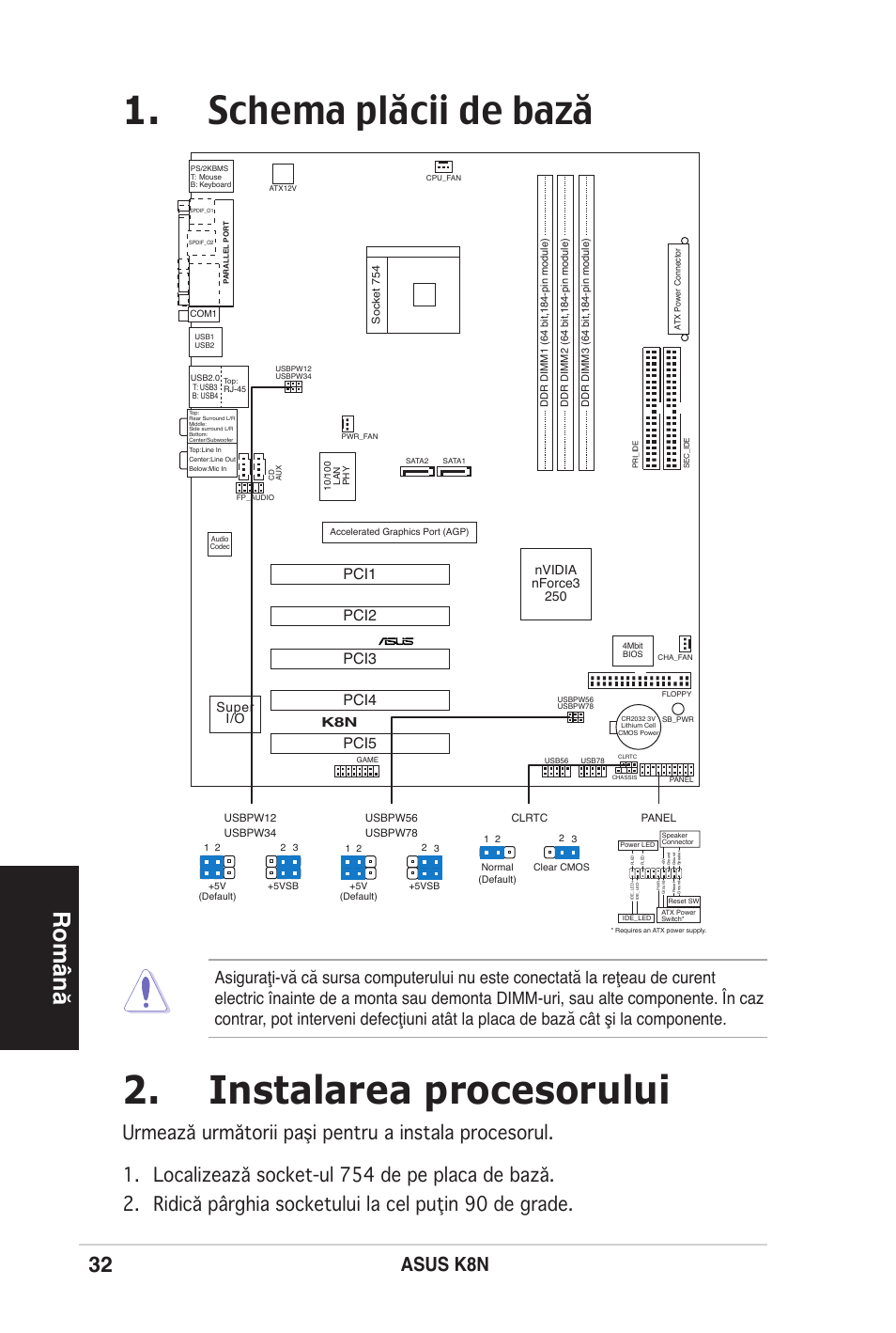 Schema plăcii de bază 2. instalarea procesorului, Română, Asus k8n | Pci1, Pci2 pci3 pci4 pci5 | Asus K8N User Manual | Page 32 / 38