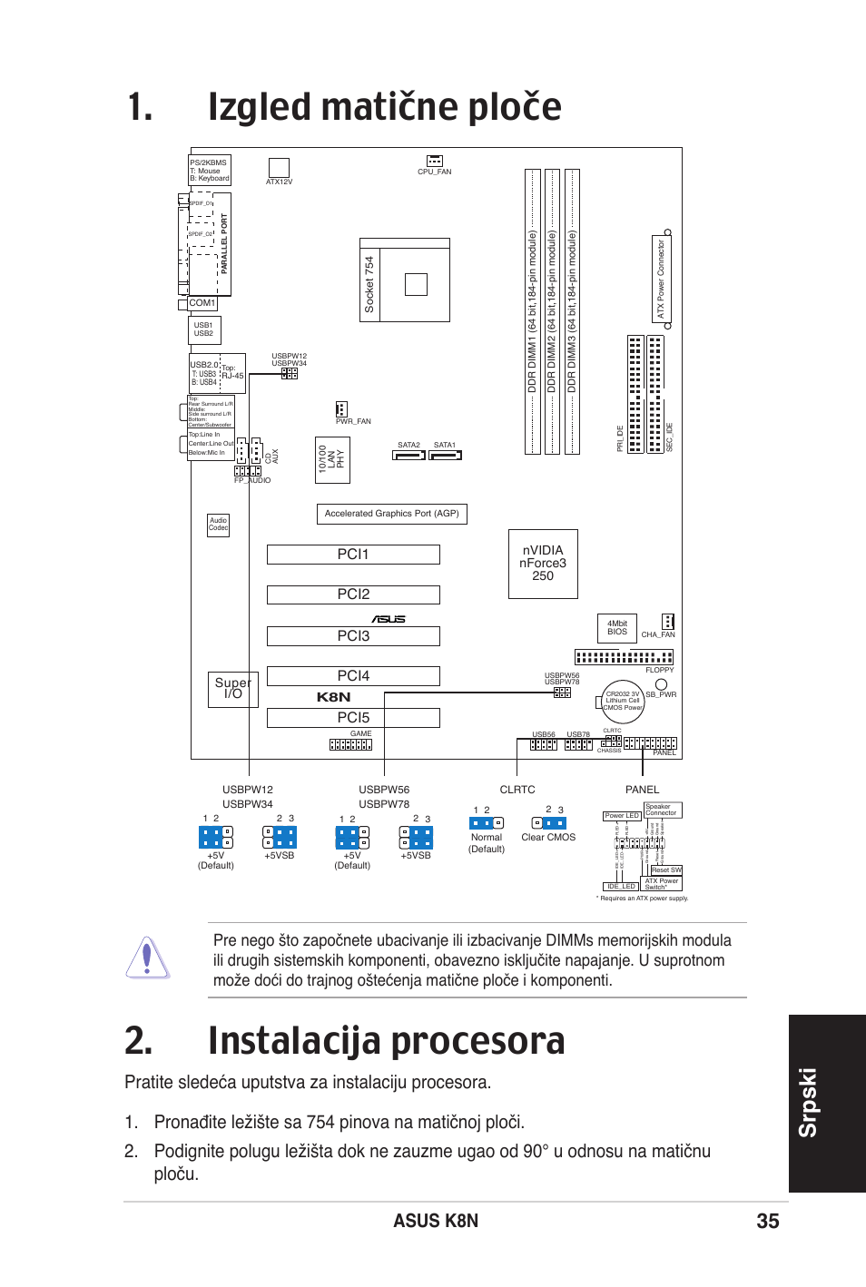 Izgled matične ploče 2. instalacija procesora, Srpski, Asus k8n | Pci1, Pci2 pci3 pci4 pci5 | Asus K8N User Manual | Page 35 / 38