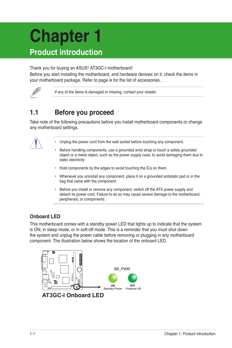 Chapter 1, Product introduction, 1 before you proceed | Asus AT3GC-I User Manual | Page 10 / 38