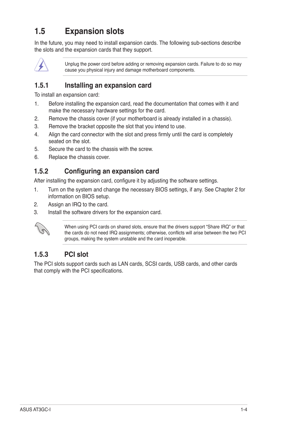 5 expansion slots, 1 installing an expansion card, 3 pci slot | 2 configuring an expansion card | Asus AT3GC-I User Manual | Page 13 / 38
