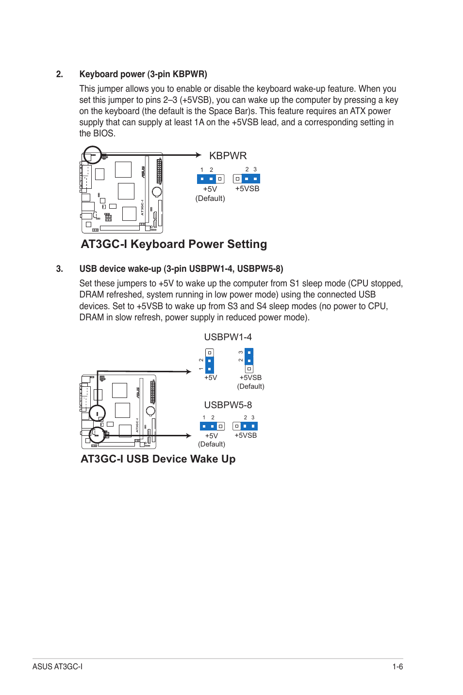 At3gc-i keyboard power setting, At3gc-i usb device wake up, Kbpwr | Usbpw5-8, Usbpw1-4 | Asus AT3GC-I User Manual | Page 15 / 38