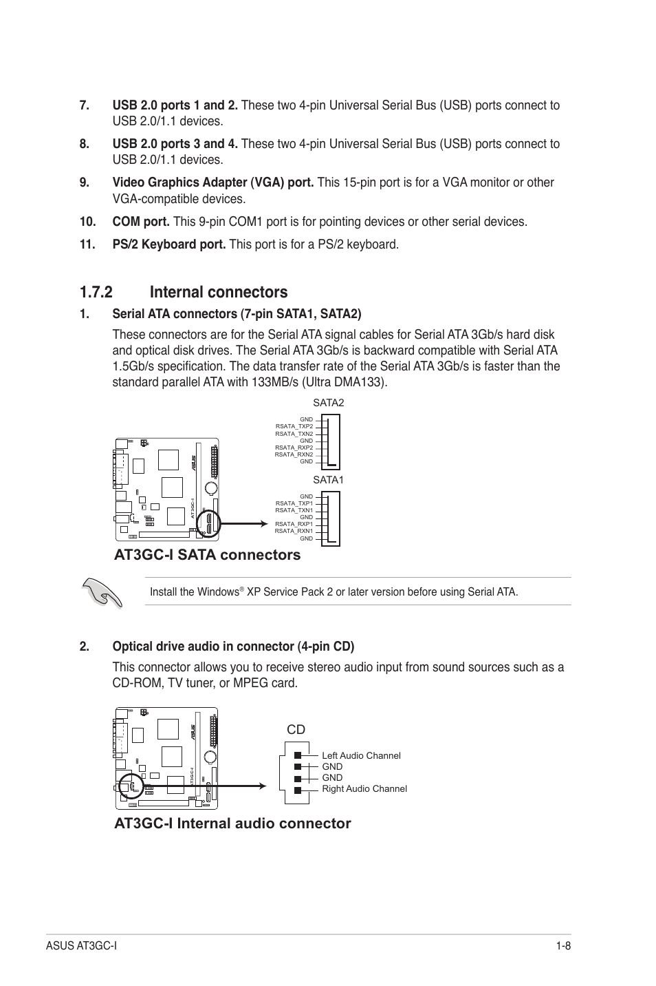 2 internal connectors, At3gc-i sata connectors, At3gc-i internal audio connector | Asus AT3GC-I User Manual | Page 17 / 38