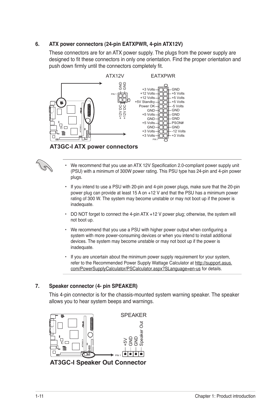 At3gc-i speaker out connector, At3gc-i atx power connectors, Speaker | Asus AT3GC-I User Manual | Page 20 / 38