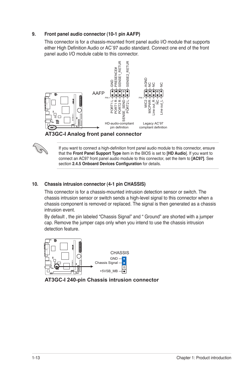 At3gc-i analog front panel connector, At3gc-i 240-pin chassis intrusion connector, Aafp | Asus AT3GC-I User Manual | Page 22 / 38