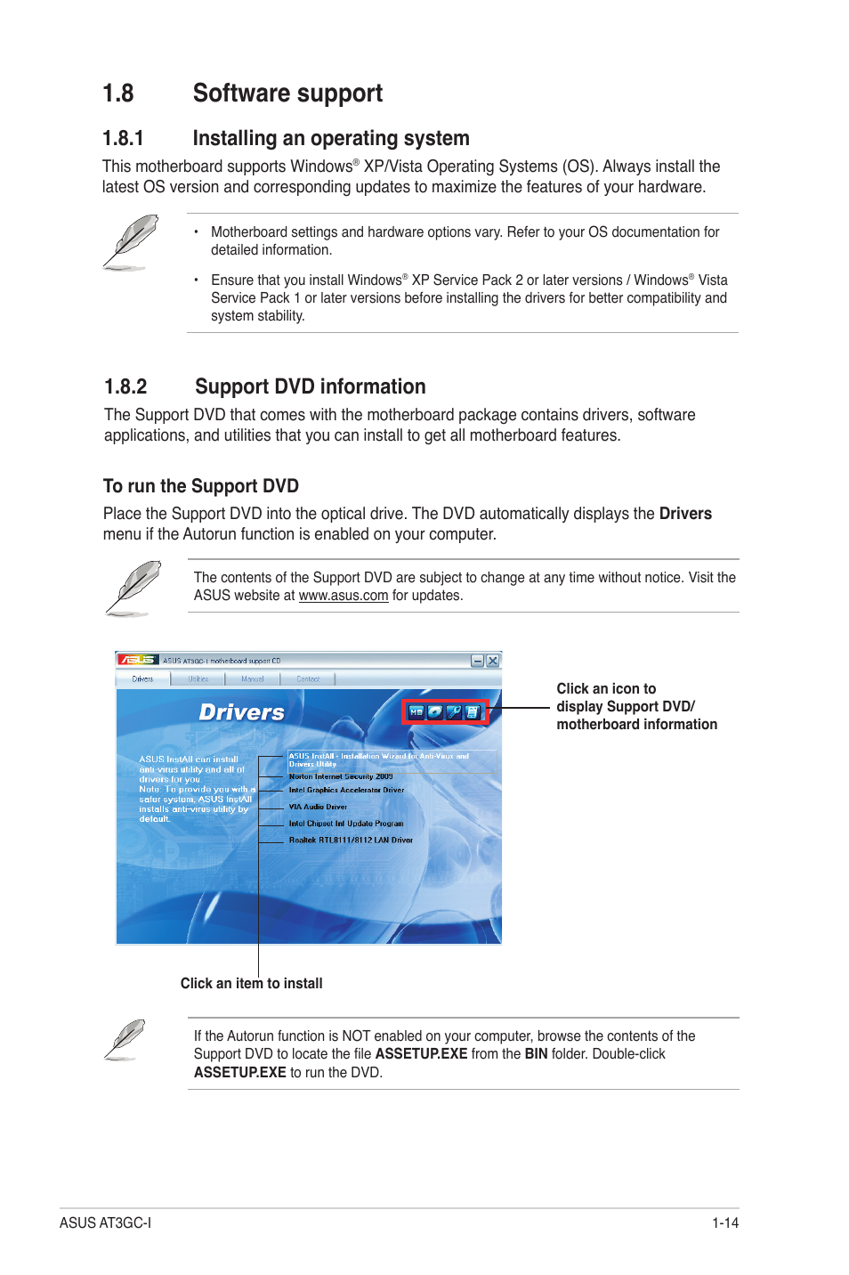 8 software support, 1 installing an operating system, 2 support dvd information | Asus AT3GC-I User Manual | Page 23 / 38