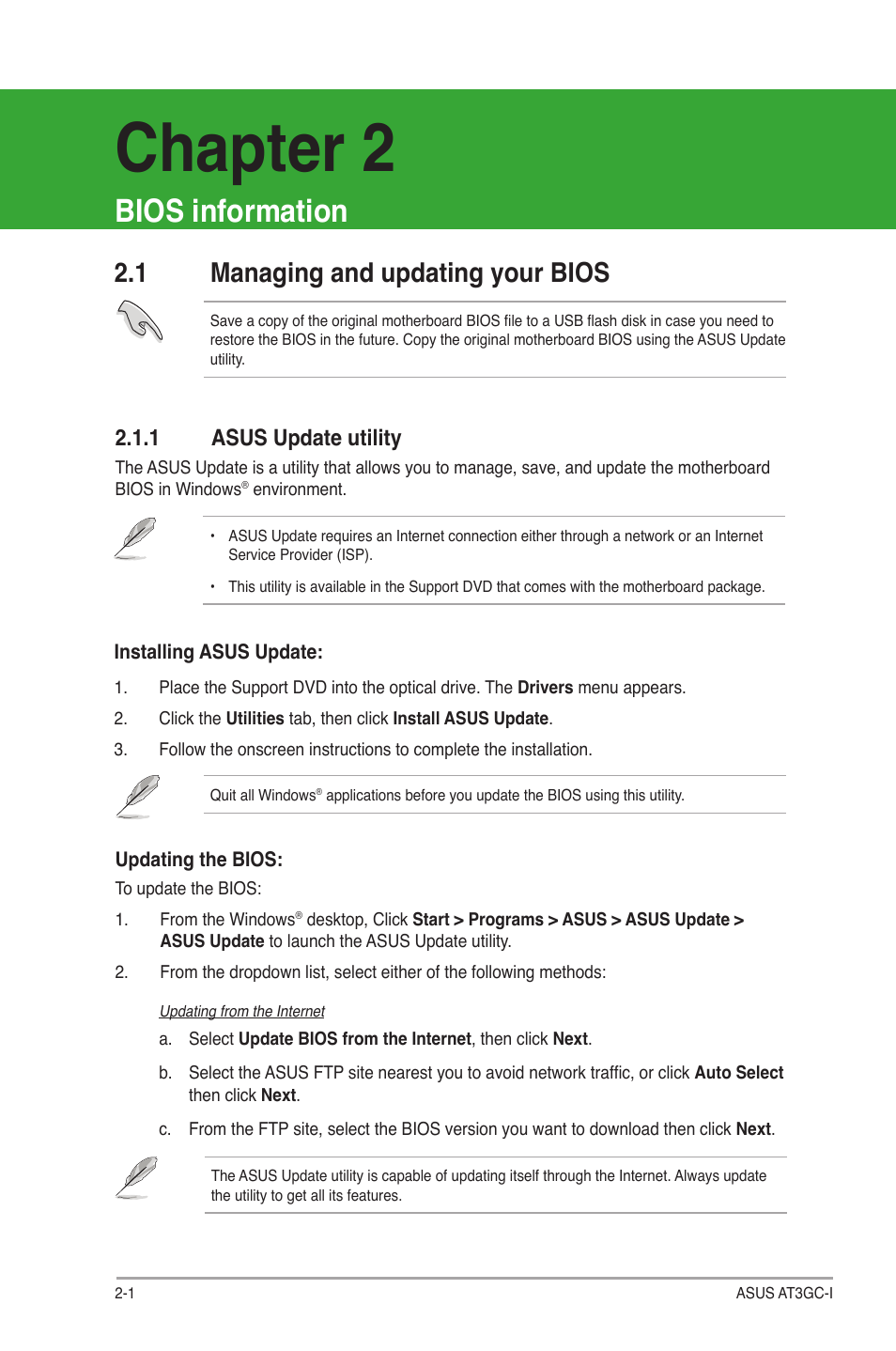 Chapter 2, Bios information, 1 managing and updating your bios | 1 asus update utility | Asus AT3GC-I User Manual | Page 24 / 38