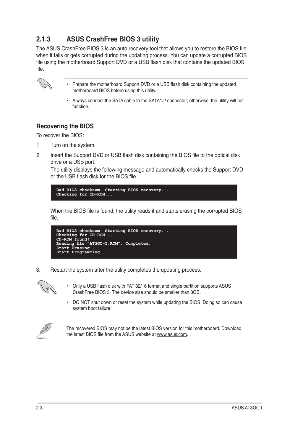 3 asus crashfree bios 3 utility, Recovering the bios | Asus AT3GC-I User Manual | Page 26 / 38