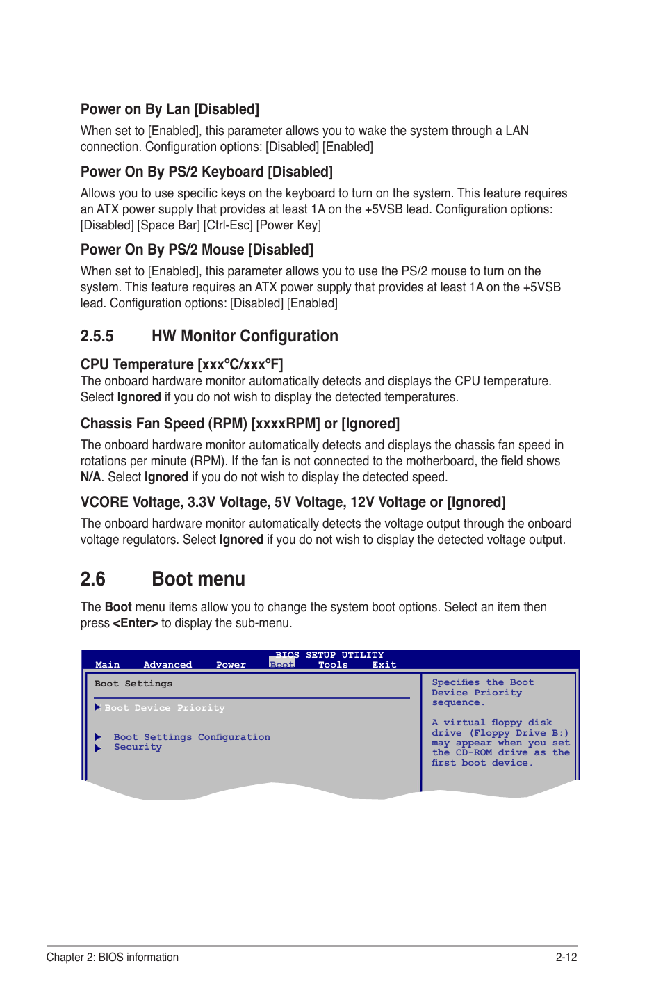 6 boot menu, 5 hw monitor configuration | Asus AT3GC-I User Manual | Page 35 / 38