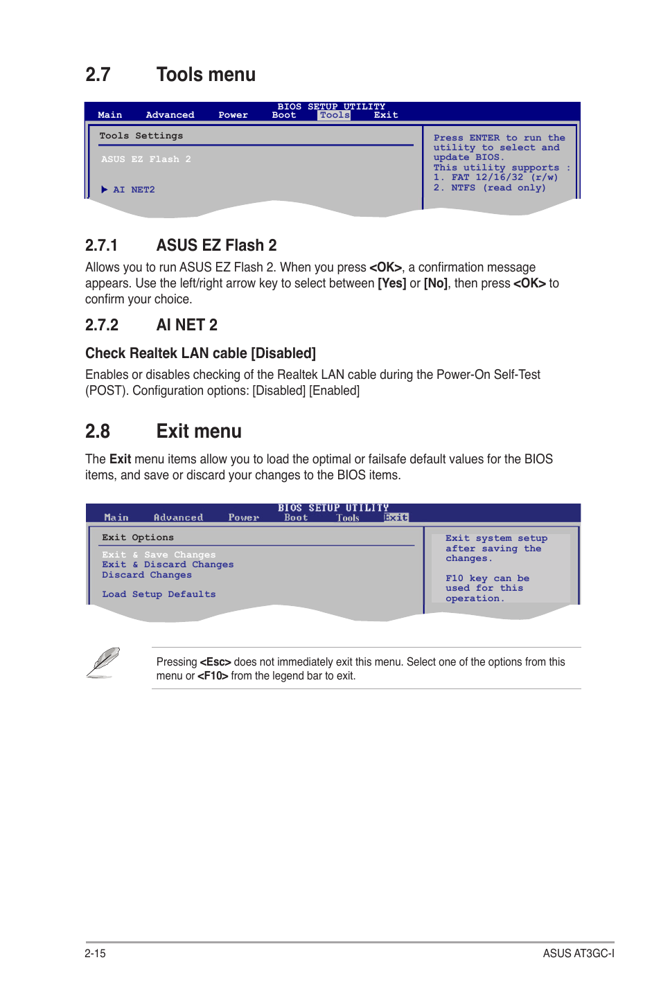 7 tools menu, 8 exit menu, 1 asus ez flash 2 | 2 ai net 2, Check realtek lan cable [disabled | Asus AT3GC-I User Manual | Page 38 / 38