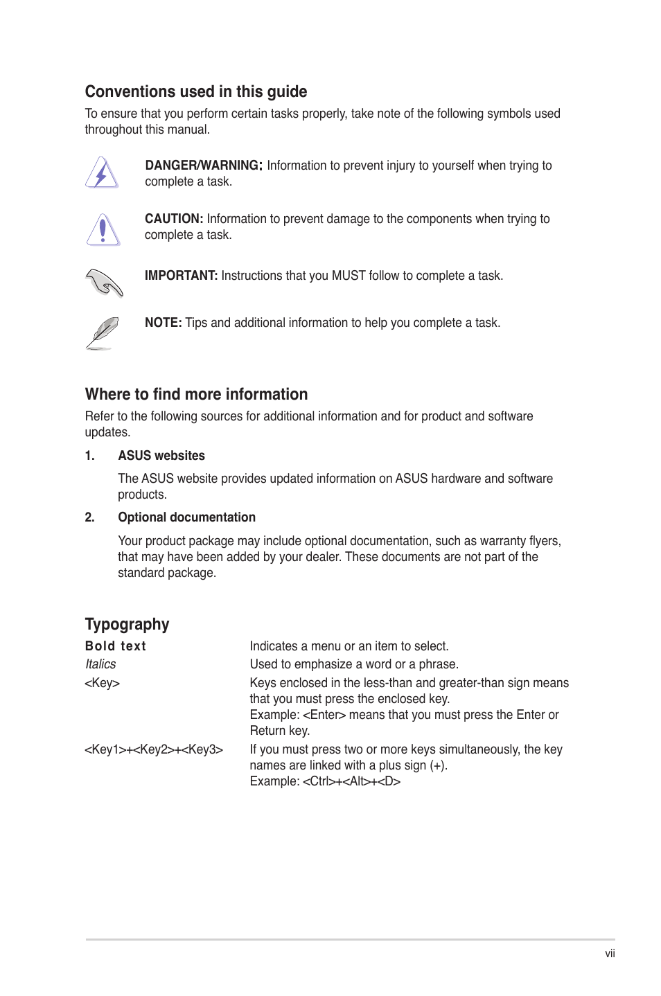 Conventions used in this guide, Where to find more information, Typography | Asus AT3GC-I User Manual | Page 7 / 38