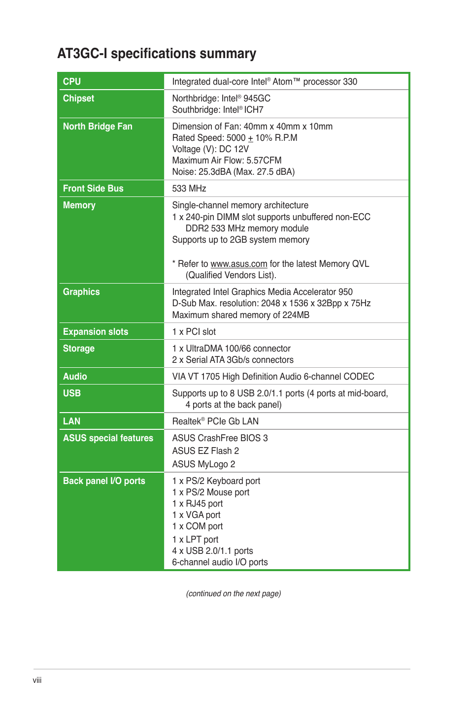 At3gc-i specifications summary | Asus AT3GC-I User Manual | Page 8 / 38
