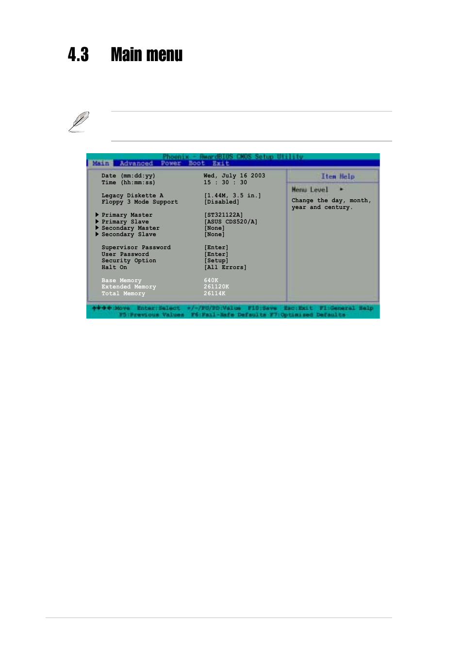 3 main menu, Date [mm/dd/yy, Time [hh:mm:ss | Floppy 3 mode support [disabled, 6 chapter 4: bios setup | Asus AP1720-E1 User Manual | Page 74 / 124