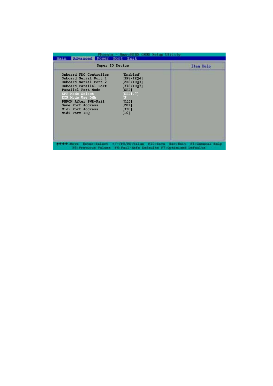 Super io device, Onboard fdc controller [enabled, Onboard parallel port [378/irq7 | Parallel port mode [spp, Epp mode select [epp1.7, Asus pc-dl deluxe motherboard 4-19 | Asus AP1720-E1 User Manual | Page 87 / 124