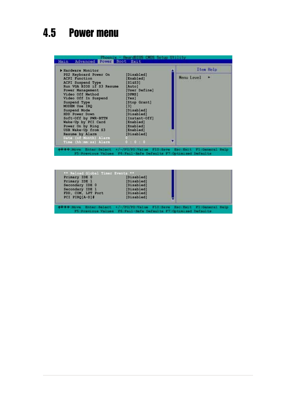 5 power menu, Ps2 keyboard power on [disabled, Acpi function [enabled | Acpi suspend type [s1&s3, Run vga bios if s3 resume [auto, Asus pc-dl deluxe motherboard 4-23 | Asus AP1720-E1 User Manual | Page 91 / 124