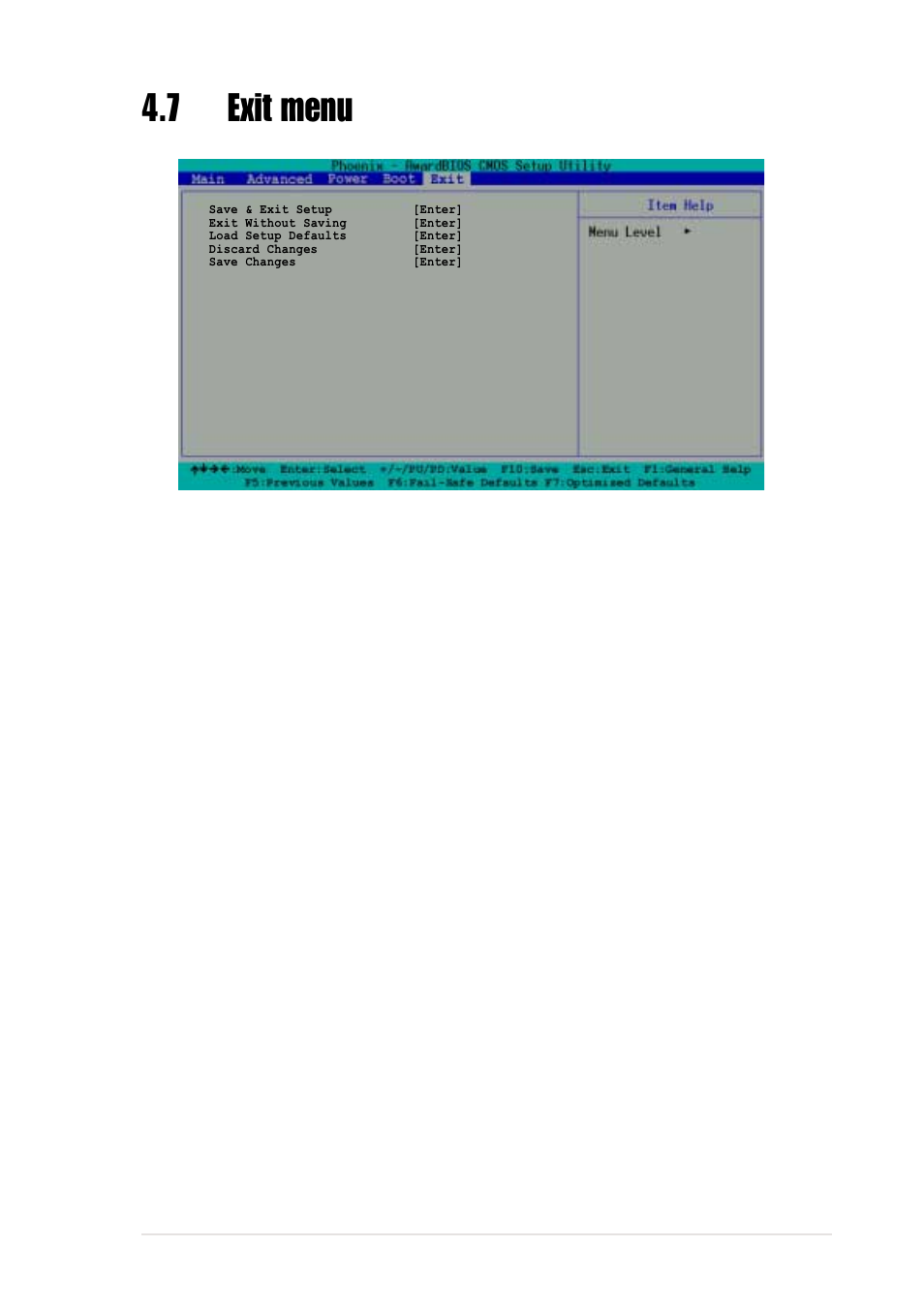 7 exit menu, Save & exit setup, Exit without saving | Load setup defaults | Asus AP1720-E1 User Manual | Page 99 / 124