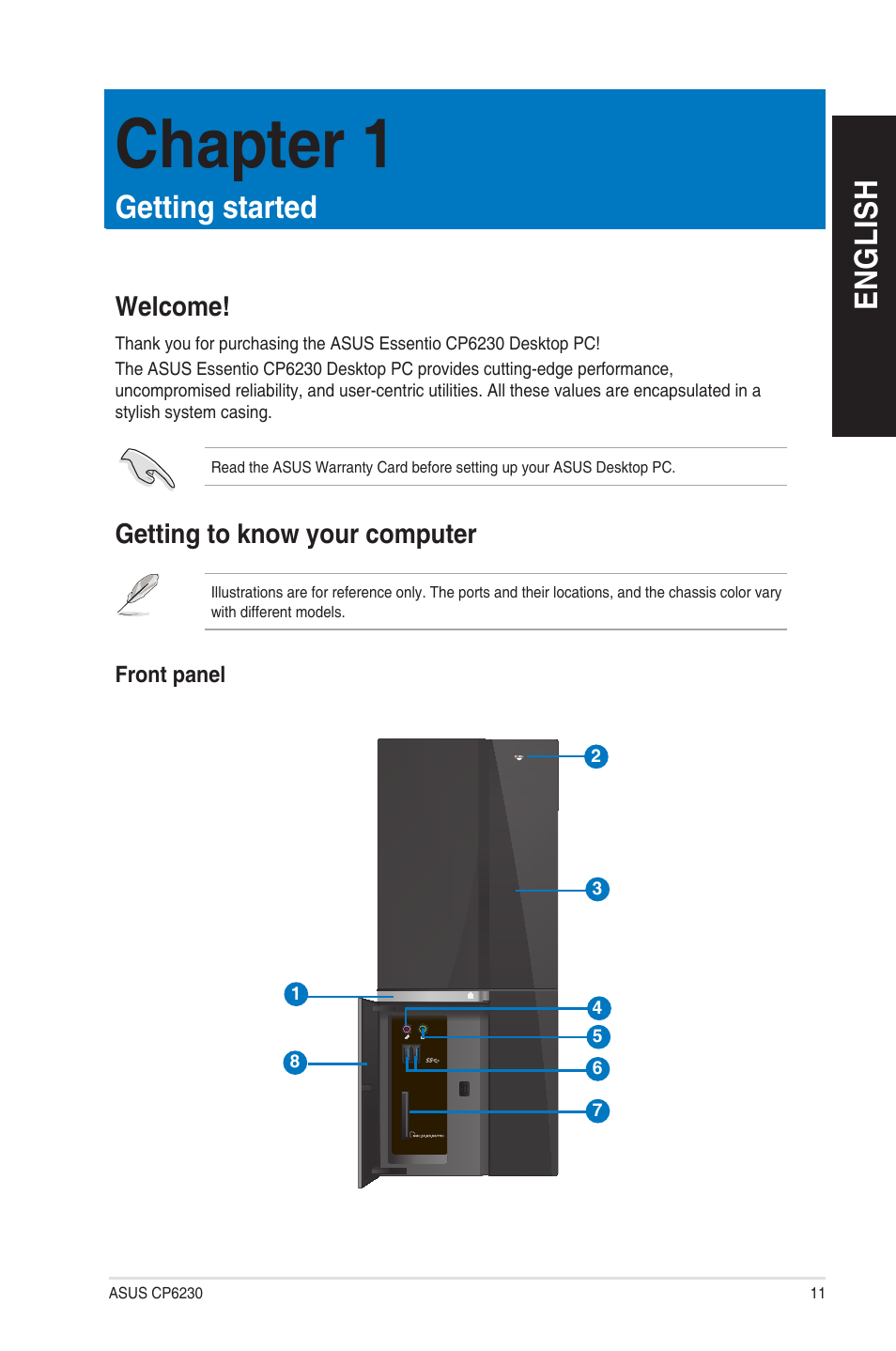 Chapter 1, Getting started, Welcome | Getting to know your computer, Chapter 1 : getting started, Welcome! getting to know your computer, En g lis h en g li sh | Asus CP6230 User Manual | Page 11 / 208