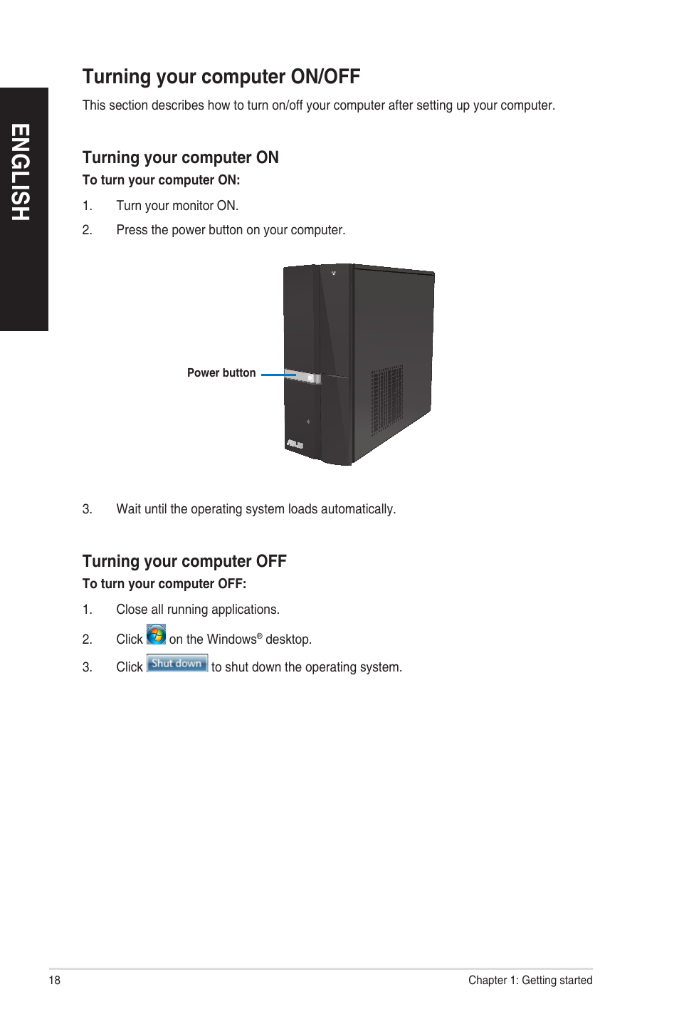 Turning your computer on/off, En g lis h en g li sh | Asus CP6230 User Manual | Page 18 / 208