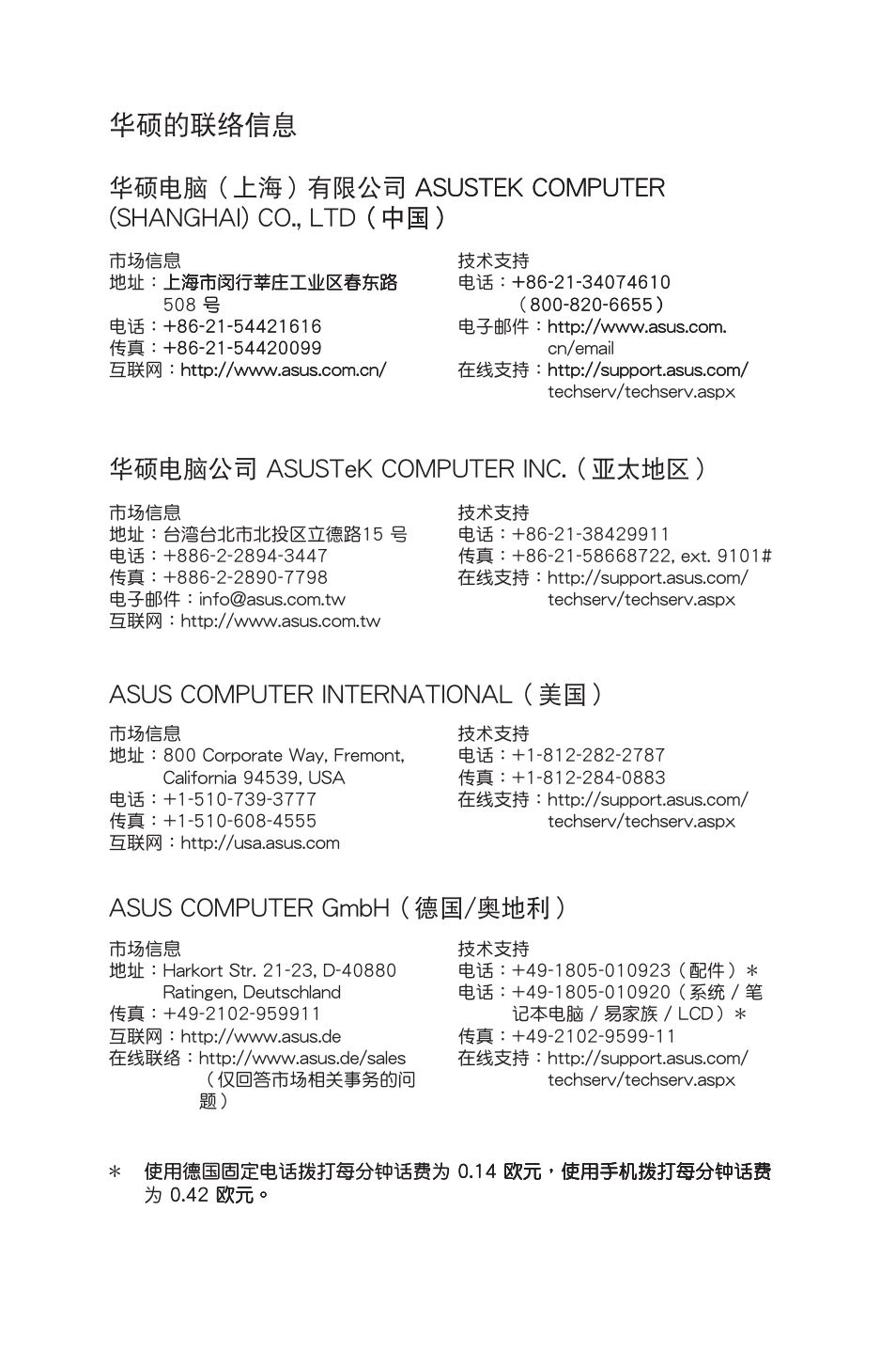 華碩的聯絡信息, 華碩電腦公司� asuste�� computer inc.（亞太地區, Asus computer international（美 | Asus computer gmbh（德�/奧地利 | Asus CP6230 User Manual | Page 208 / 208