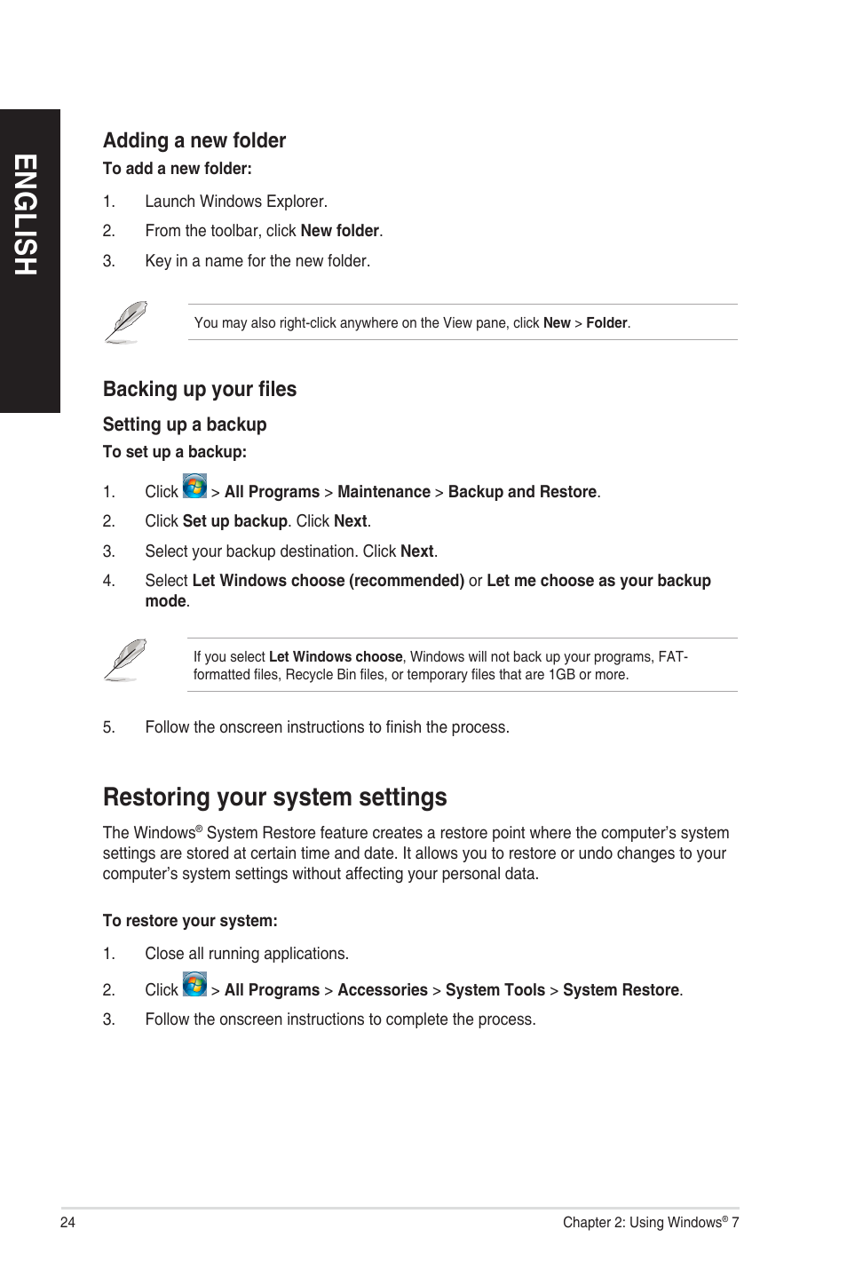 Restoring your system settings, En g lis h en g li sh en g lis h en g li sh | Asus CP6230 User Manual | Page 24 / 208