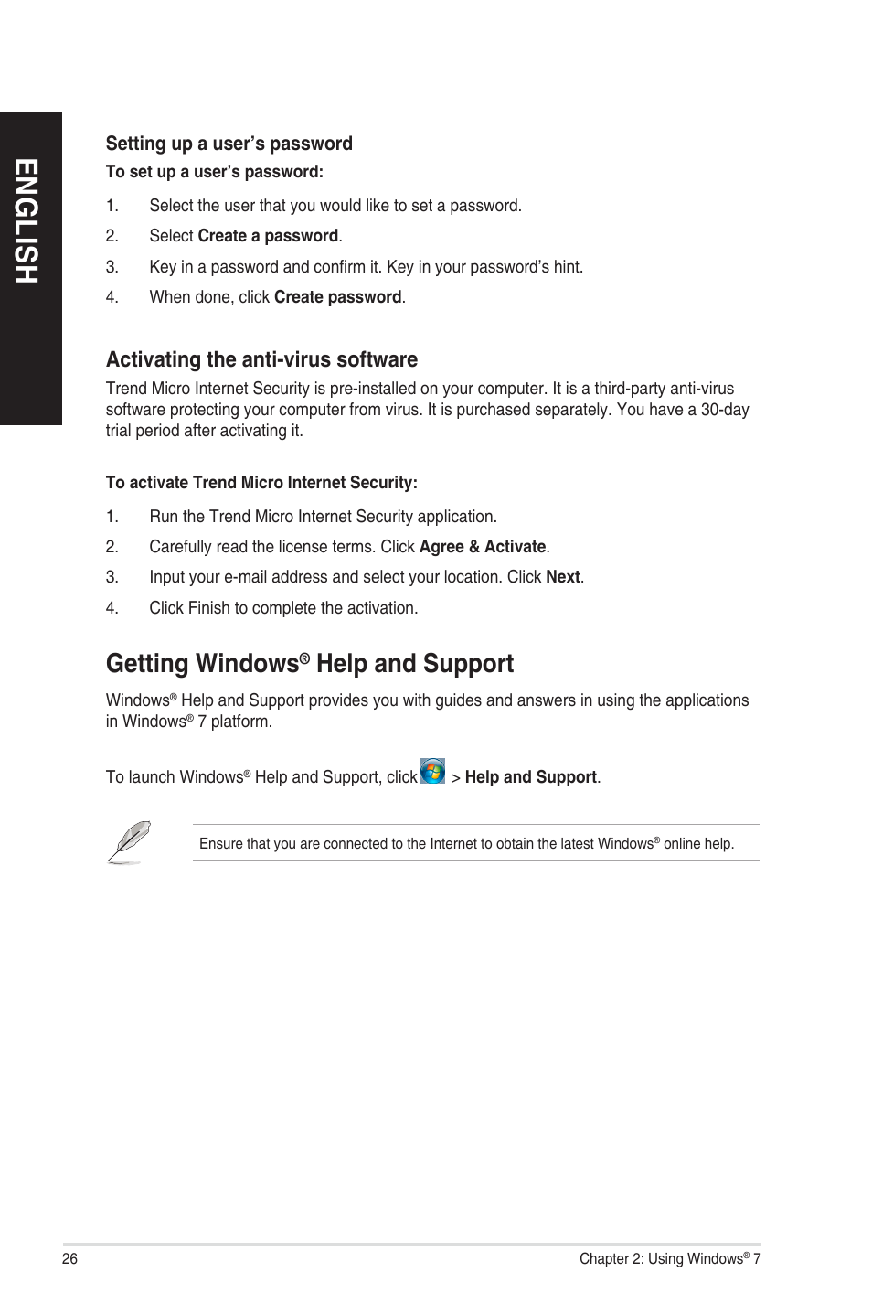 Getting windows® help and support, Getting windows, En g lis h en g li sh | Help and support, Activating the anti-virus software | Asus CP6230 User Manual | Page 26 / 208