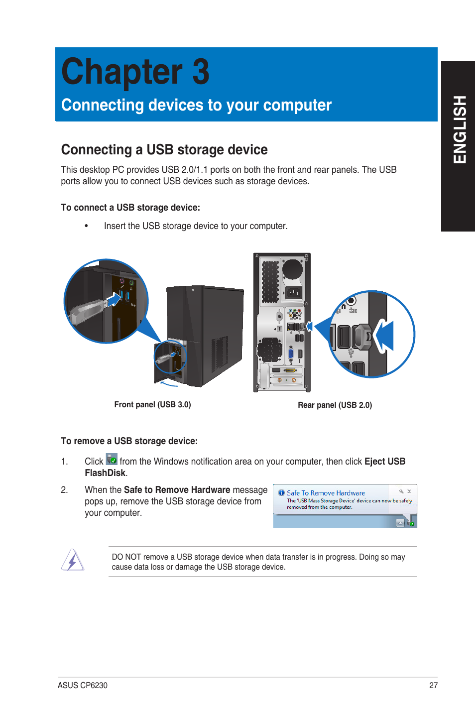 Chapter 3, Connecting devices to your computer, Connecting a usb storage device | Chapter 3: connecting devices to your computer, En g lis h en g li sh | Asus CP6230 User Manual | Page 27 / 208