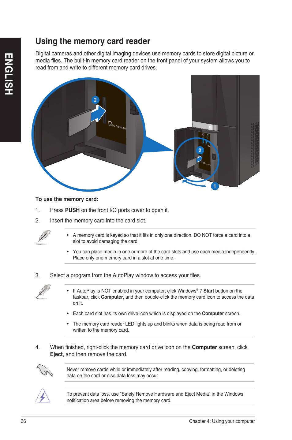 Using the memory card reader, En g lis h en g li sh en g lis h en g li sh | Asus CP6230 User Manual | Page 36 / 208