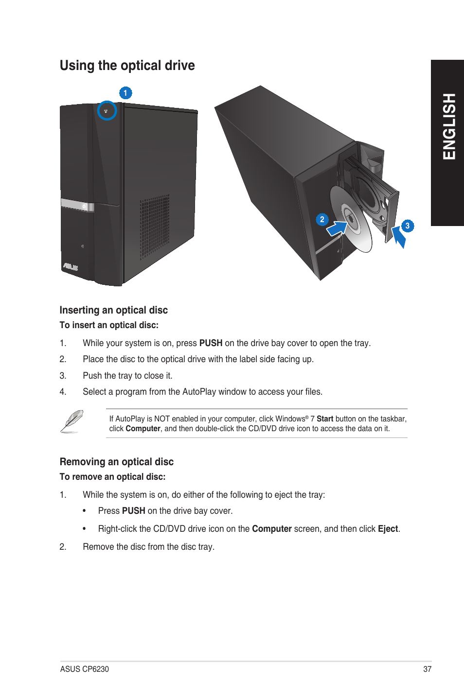 Using the optical drive, En g lis h en g li sh | Asus CP6230 User Manual | Page 37 / 208