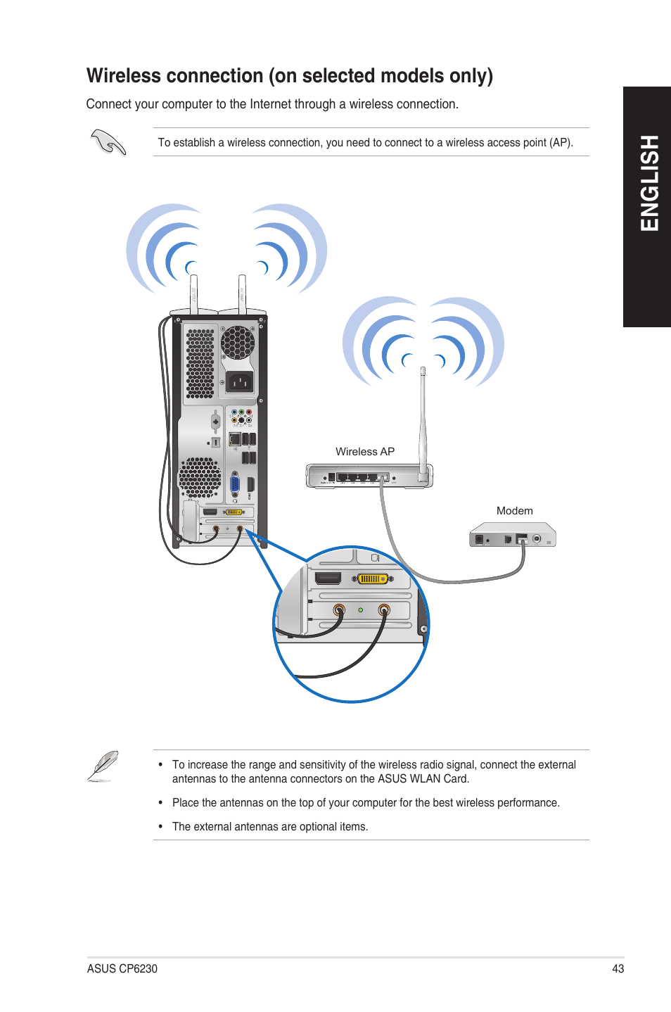 Wireless connection (on selected models only), En g lis h en g li sh | Asus CP6230 User Manual | Page 43 / 208