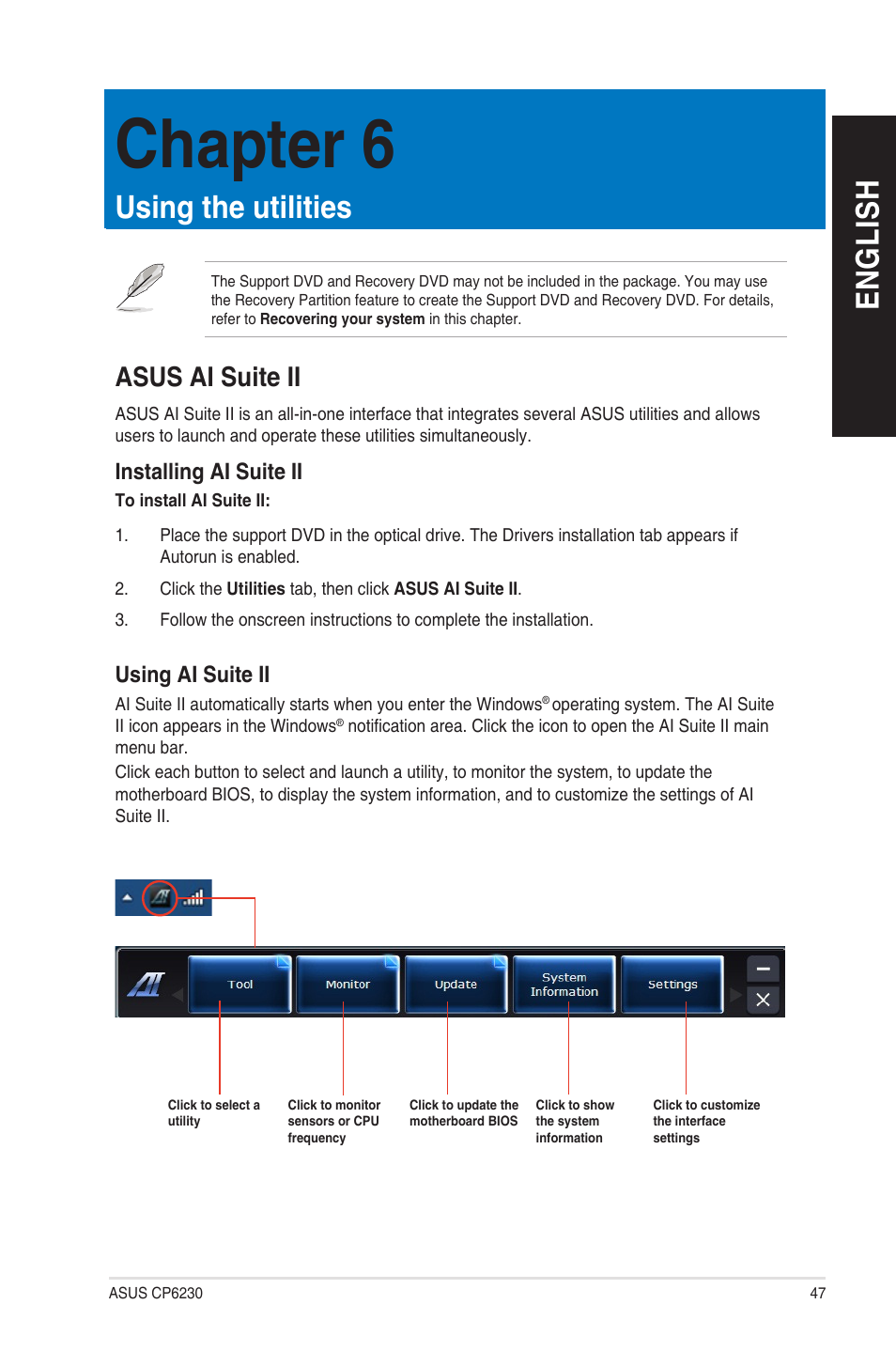 Chapter 6, Using the utilities, Asus ai suite ii | Chapter 6: using the utilities, En g lis h en g li sh | Asus CP6230 User Manual | Page 47 / 208