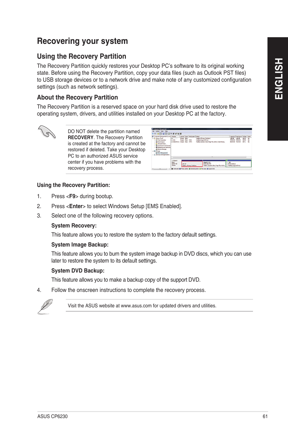 Recovering your system, En g lis h en g li sh | Asus CP6230 User Manual | Page 61 / 208