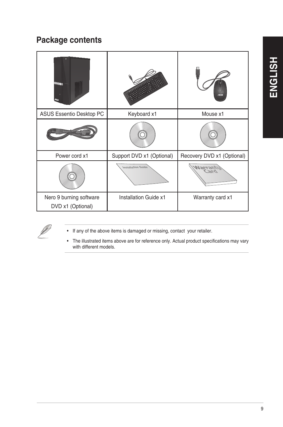 Package contents, En g lis h en g li sh en g lis h en g li sh | Asus CP6230 User Manual | Page 9 / 208