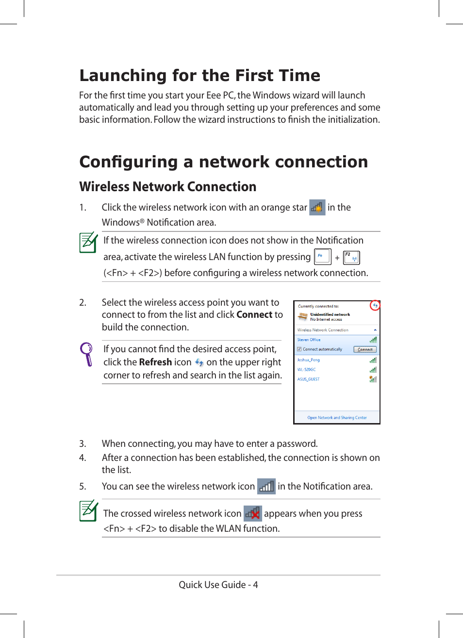 Launching for the first time, Configuring a network connection, Wireless network connection | Asus Eee PC 1005HA User Manual | Page 4 / 8