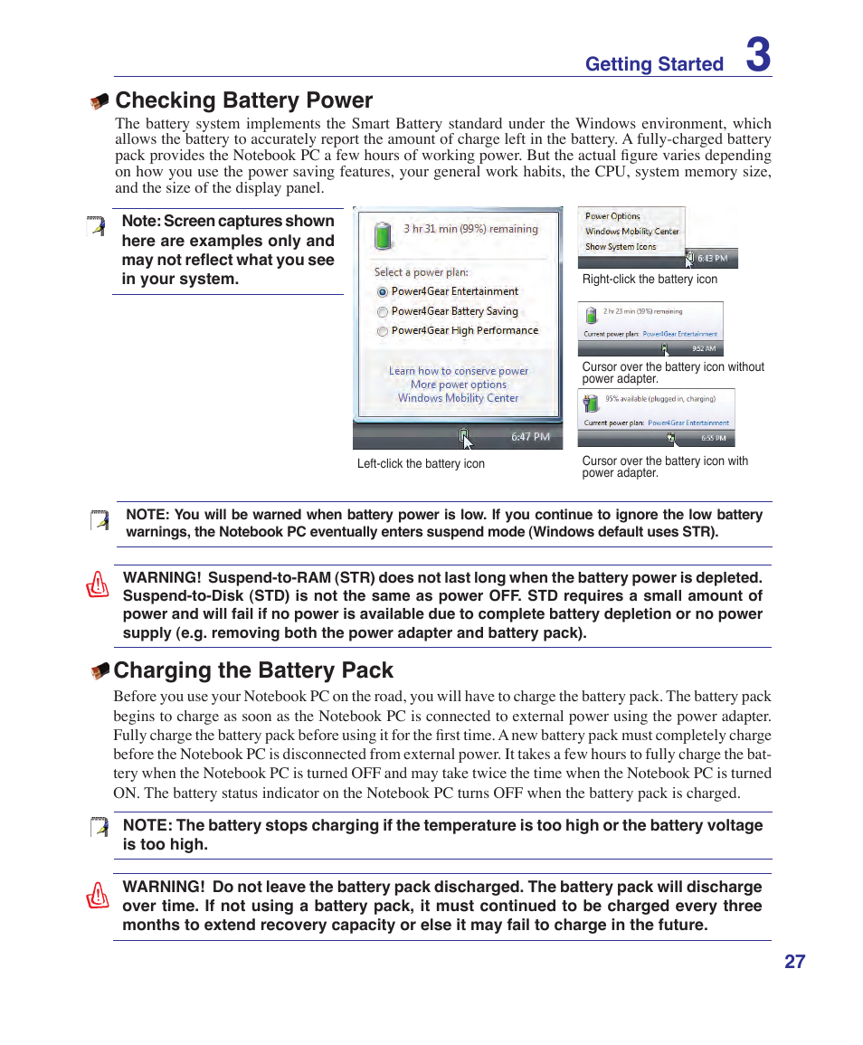 Checking battery power, Charging the battery pack | Asus A7S User Manual | Page 27 / 89