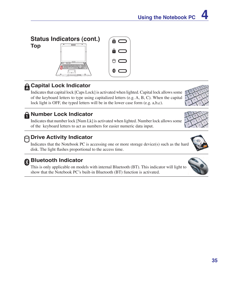 Status indicators (cont.) | Asus A7S User Manual | Page 35 / 89