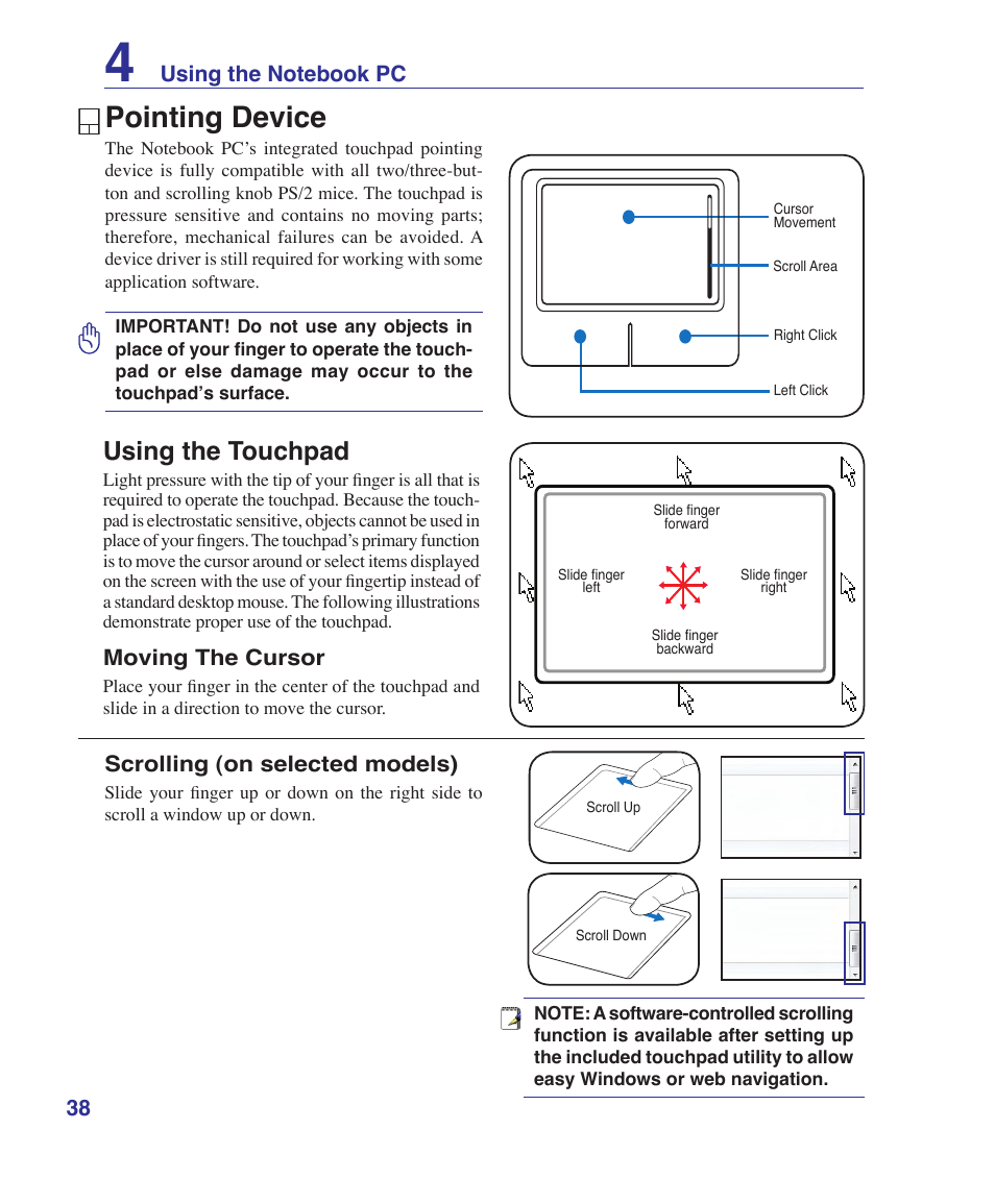 Pointing device, Using the touchpad | Asus A7S User Manual | Page 38 / 89