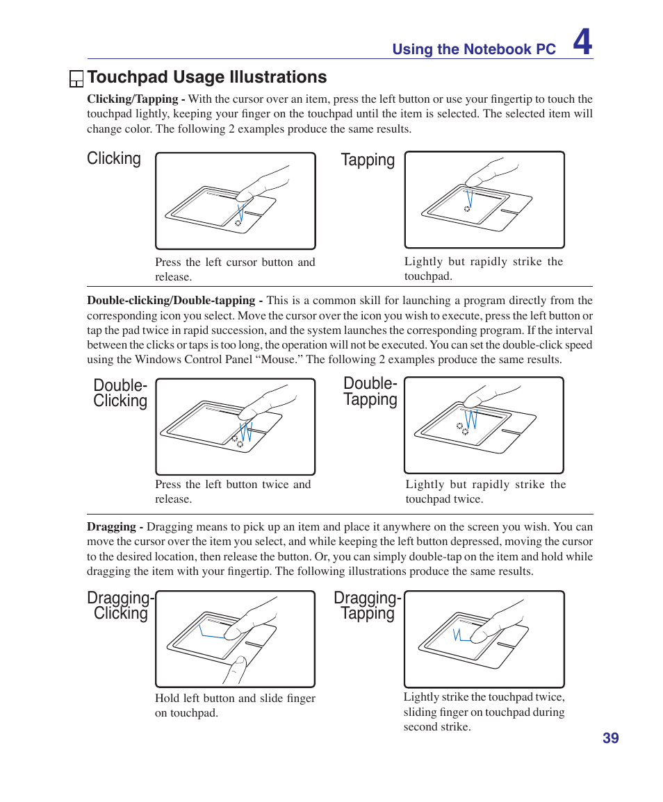 Touchpad usage illustrations, Dragging- clicking dragging- tapping | Asus A7S User Manual | Page 39 / 89