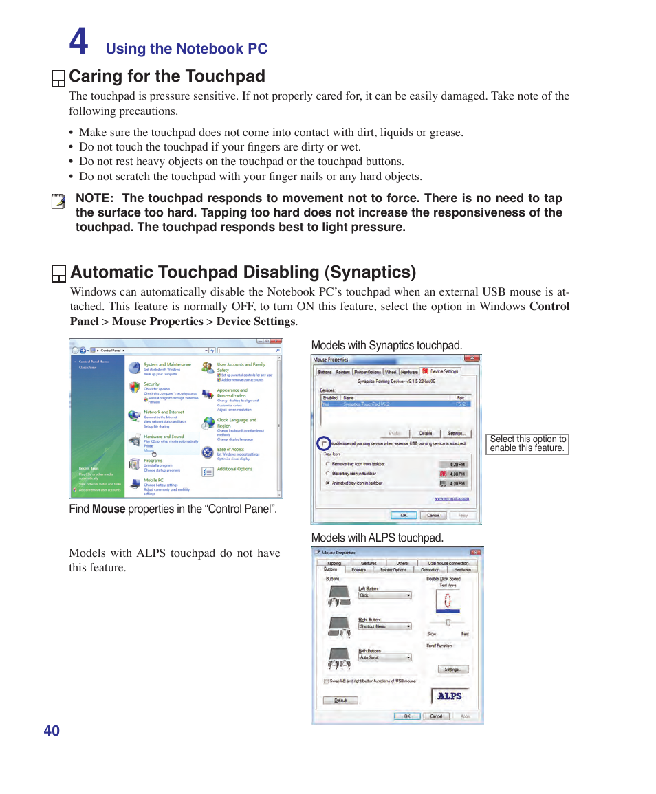 Caring for the touchpad, Automatic touchpad disabling (synaptics) | Asus A7S User Manual | Page 40 / 89