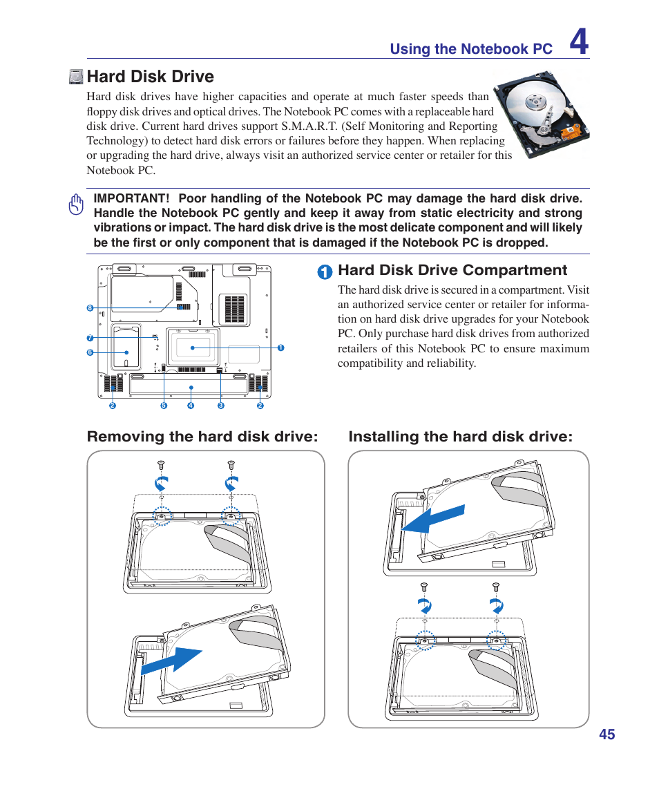 Hard disk drive, Hard disk drive compartment | Asus A7S User Manual | Page 45 / 89