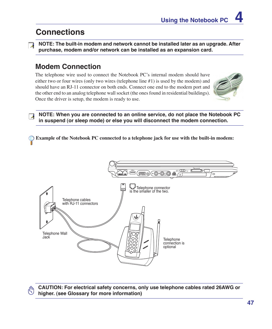 Connections, Modem connection | Asus A7S User Manual | Page 47 / 89