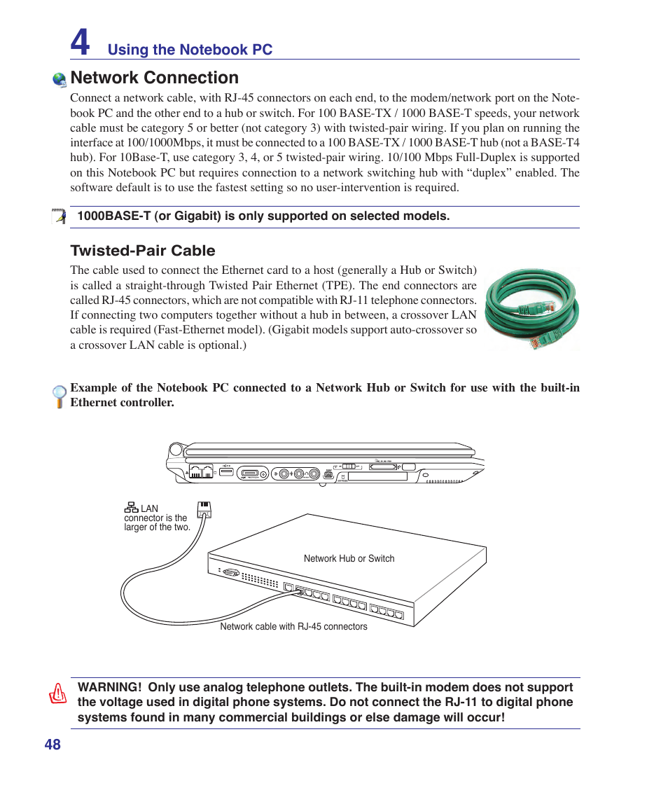 Network connection | Asus A7S User Manual | Page 48 / 89