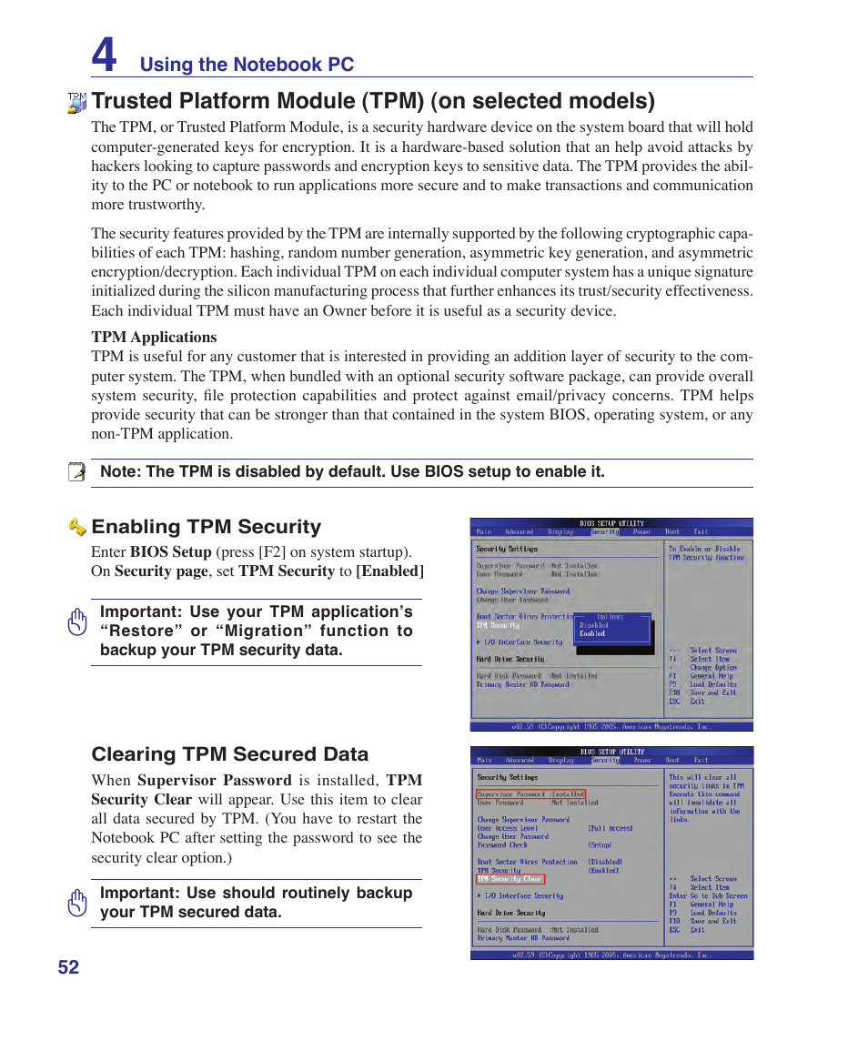 Trusted platform module (tpm) (on selected models) | Asus A7S User Manual | Page 52 / 89