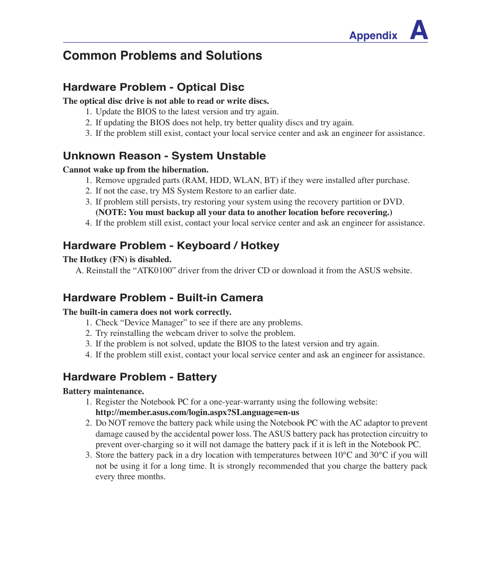 Common problems and solutions | Asus A7S User Manual | Page 65 / 89