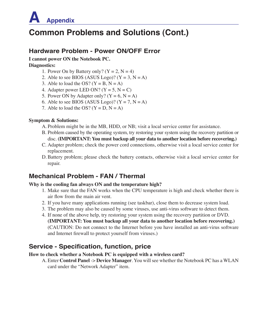 Common problems and solutions (cont.) | Asus A7S User Manual | Page 66 / 89