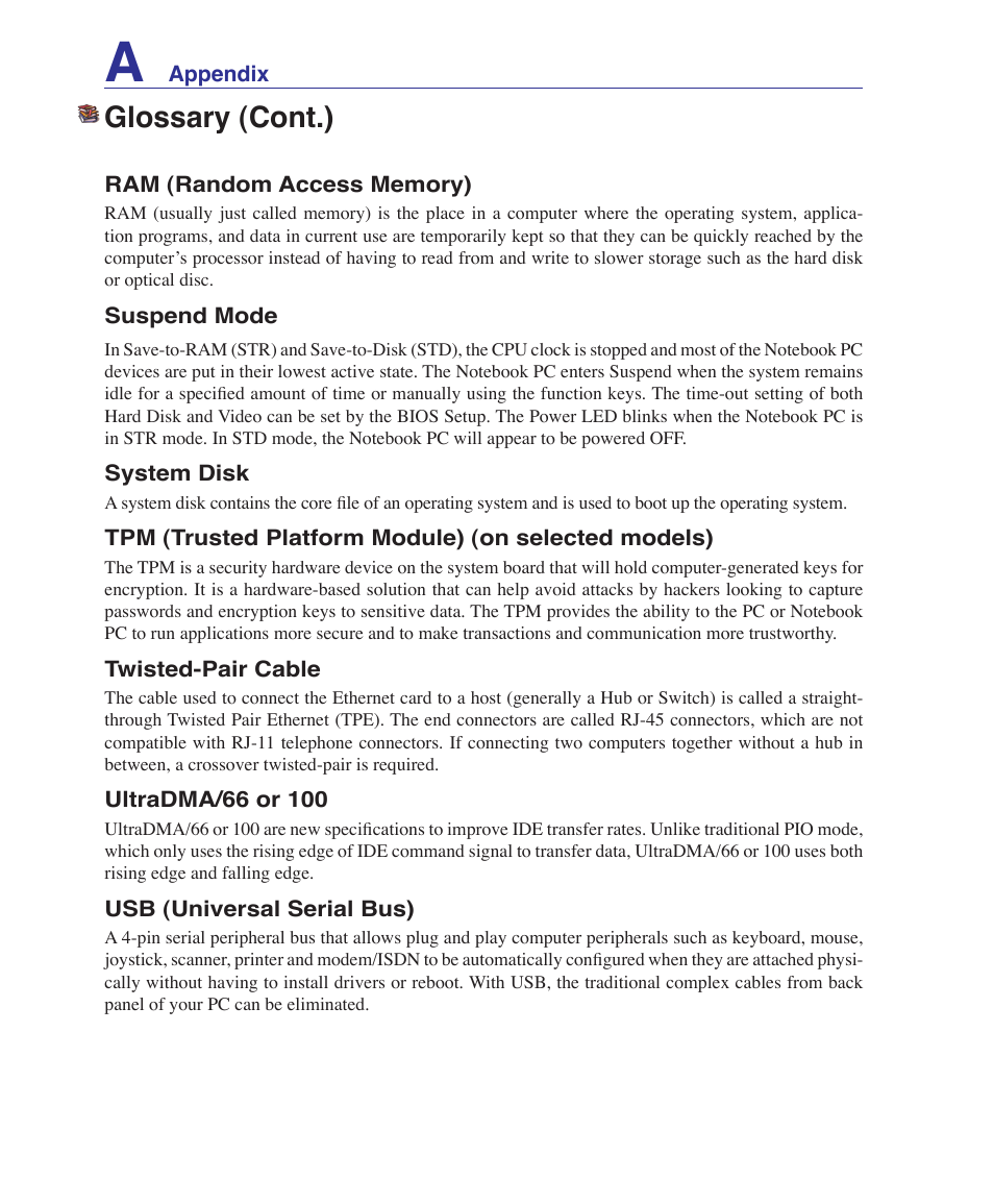 Glossary (cont.) | Asus A7S User Manual | Page 76 / 89