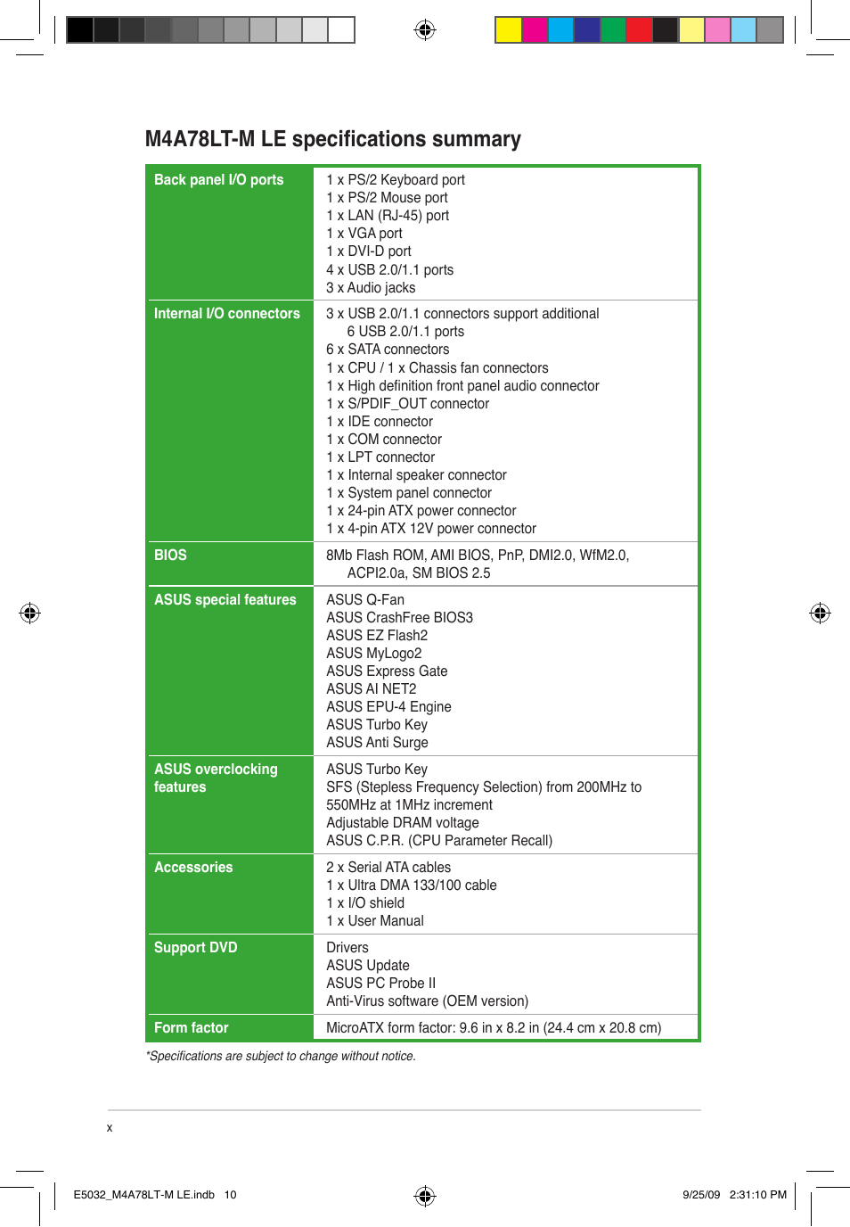 M4a78lt-m le specifications summary | Asus M4A78LT-M LE User Manual | Page 10 / 62